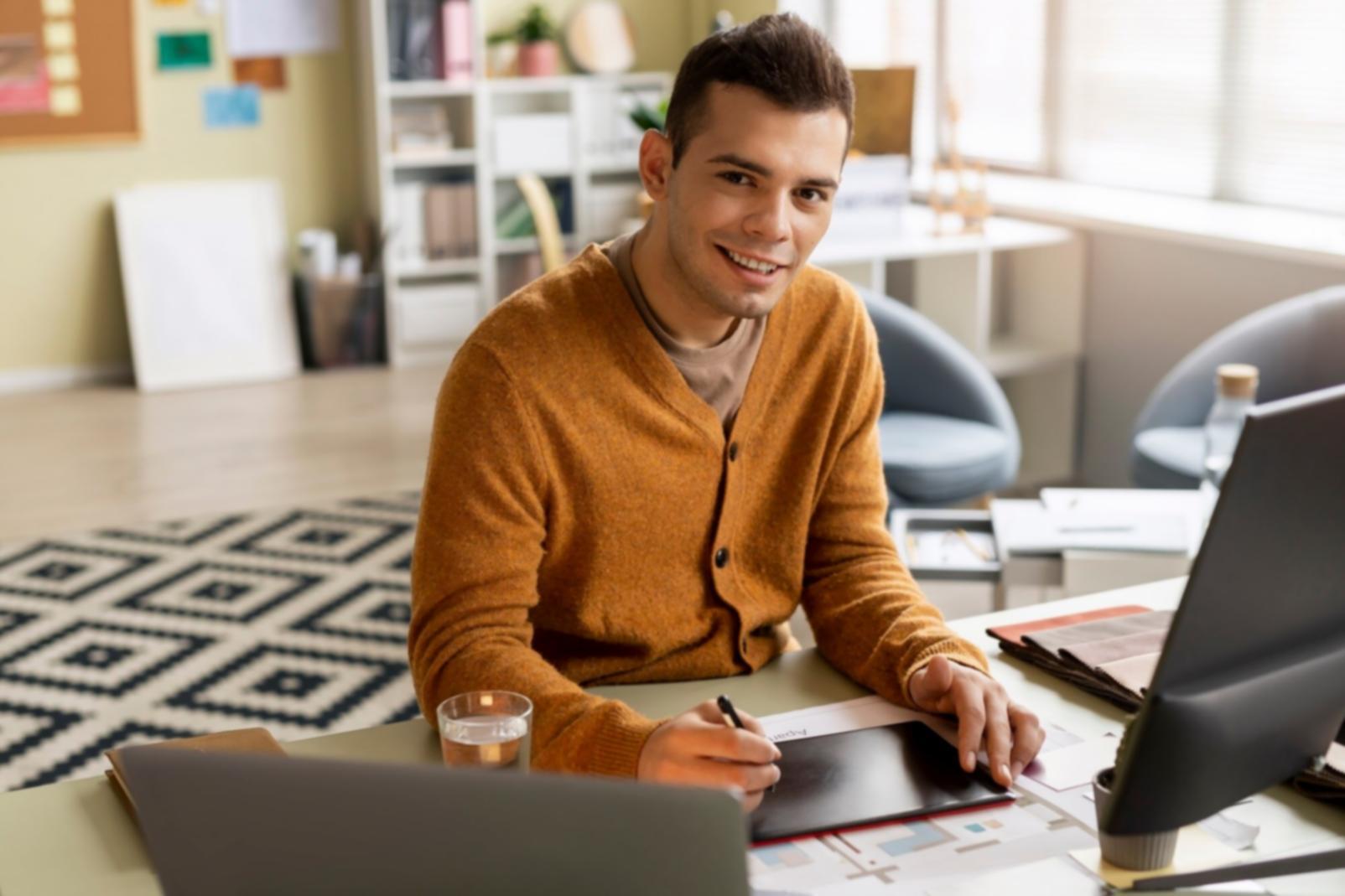Espace de conseil financier moderne avec bureau et documentation budgétaire